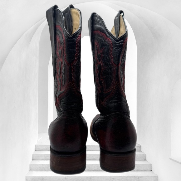 LOS ALTOS genuine ostrich belly Boots Wide Square Rodeo Toe Red Black men’s 8 EE - Picture 5 of 10